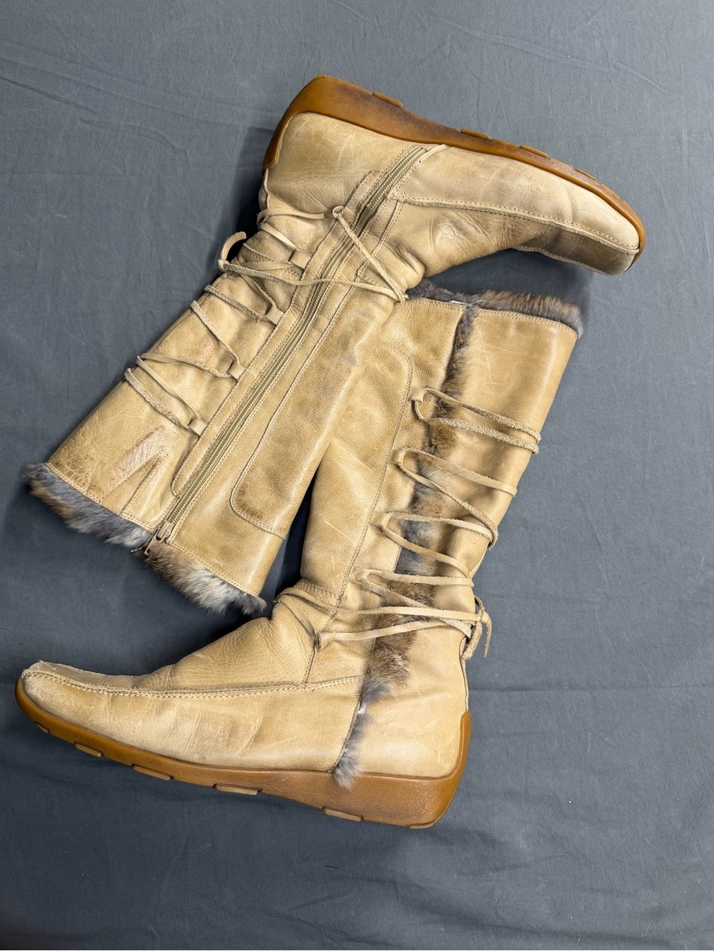 VTG Destroy Y2K Cream Leather Fur Trim Lace Up Boots VAILLA01 Size 11